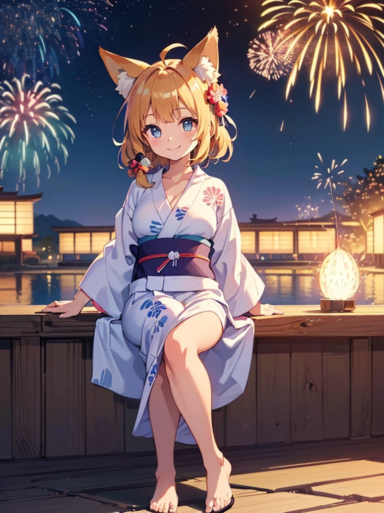 (masterpiece, Highest quality, Super detailed),One girl,((super fine illustration)),((cute eyes,highly detailed skin)),((smile)),(well endowed,Blessed,Captivating body、Detailed Background)、(yukata:1.5),firework,(大量のfirework,Night view,Ocean)、Festivals, full body、 Long Hair, Ahoge, Animal ears, chest, Fox&#39;s Tail