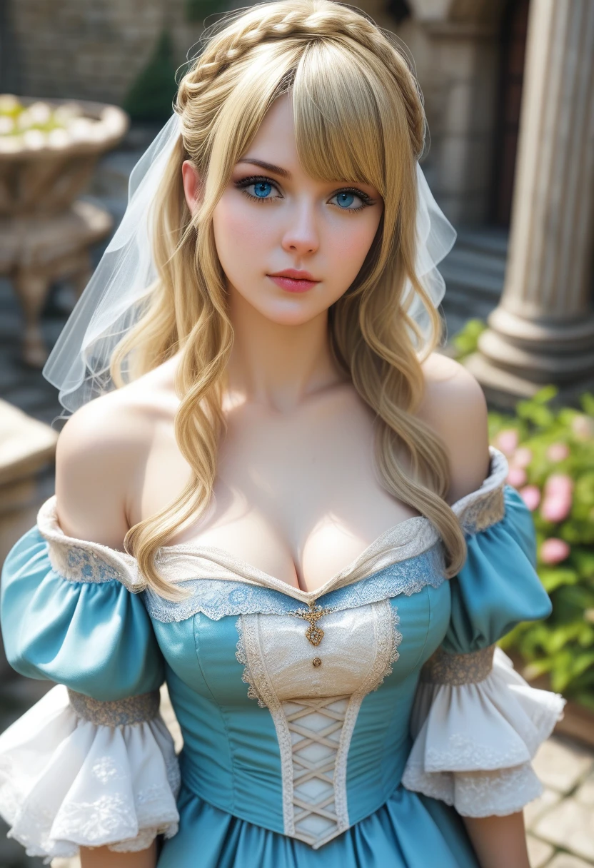 score_9, score_8_above, score_7_above, 1girl, realistic, blonde long hair with bangs, blue_eyes, realistic skin texture, detailed picture, upper_body, HD32k,  royal_garden, medieval_castle, elegant_green_dress, off_shoulder_dress,
