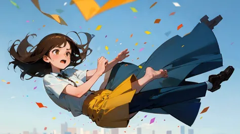 ((highest quality)), ((masterpiece)), ((very detailed)),floating girl,angry expression，confetti，brown hair,tears,blue sky backgr...