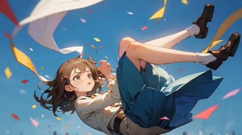 ((highest quality)), ((masterpiece)), ((very detailed)),floating girl,angry expression，confetti，brown hair,tears,blue sky backgr...