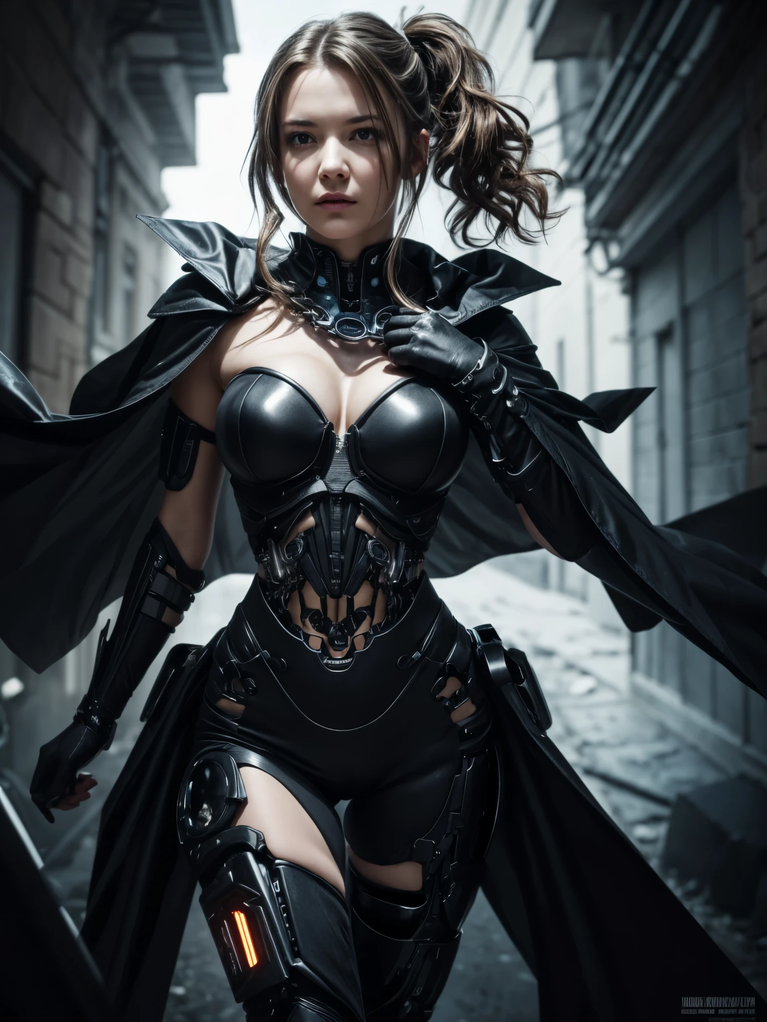 1girl, wearing detailed strapless cyborg suit, detailed hair, short curly hair, detailed face, looking at viewer, shoulder, cleavage, bright led light in the suit, blend of dark cyberpunk theme and medieval era, cold gaze, gray hair, ponytail, eye patch, black clothes, dark cape, chains, sea of blood, white electricity emanating from his body, black electricity emanating from his hand, thunderous lightning, (15yo, cute:1.2), (breasts:1.2),