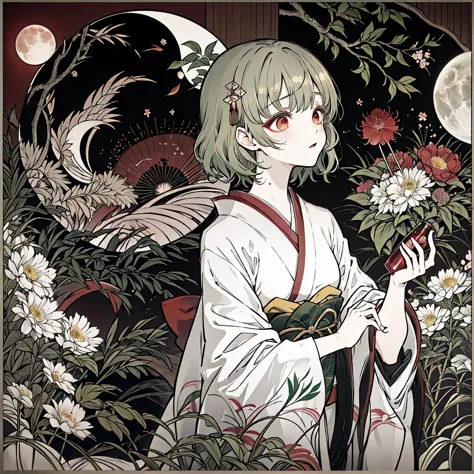 【Highest quality, Tabletop】 [girl, kimono, Red eyes, profile, Wavy short hair, Brown Hair, Upper Body] (moon, Greenish foliage),...