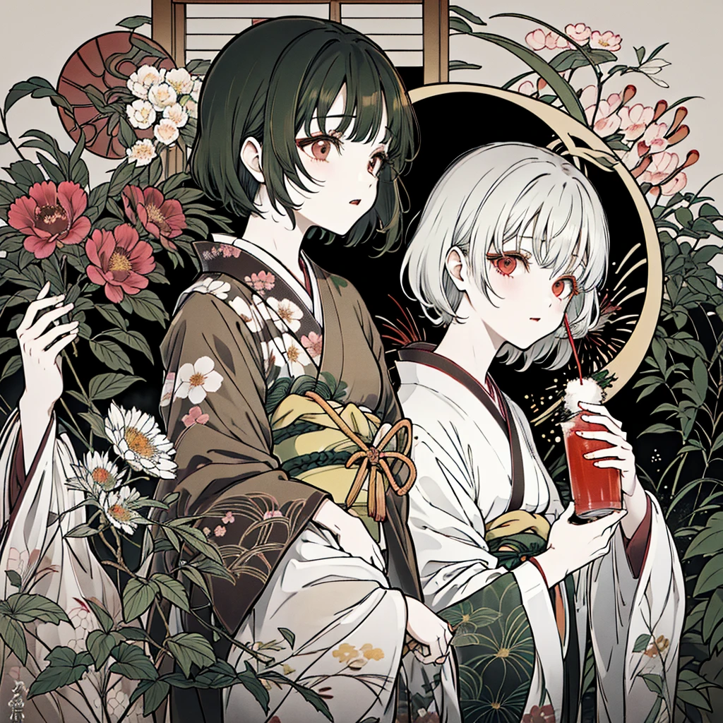 【Highest quality, Tabletop】 [girl, kimono, Red eyes, profile, Wavy short hair, Brown Hair, Upper Body] (moon, Greenish foliage),  Japan drinks alcohol, Sweat, Long eyelashes, alone, firework