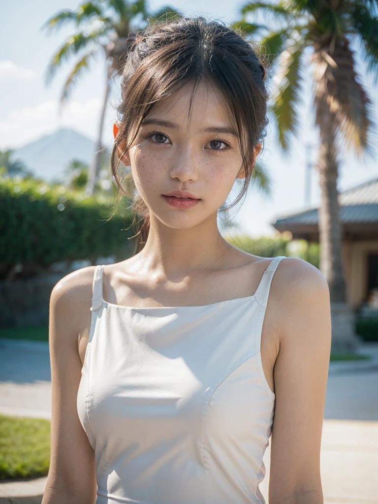 (masterpiece, UHD, 8k, best quality:1.2), solo, 1girl, (photorealistic:1.2), (RAW photo), (ultimate-realistic, ultimate-realistic details, ultimate-realistic texture, ultimate-intricate details, ultimate-realistic lighting, ultimate-realistic shadow, japanese girl, 24yo, ultimate-cute face, ultimate-RAW skin, ultimate-eyes, full body, in a white dress next to a palm tree, dewy face, sunrays shine upon it, crisp detailing, no haze, modern dress, tropical, contax tix, cabincore, 8K, intricate, blue eyes ,silhouette, light shadow, film grain, Hasselblad X2D 100C + XCD 2,5/25V, F/1.8, (cinematic still:1.2), freckles, 35mm photograph, film, bokeh, professional, 4k, highly detailed, perfect fingers,