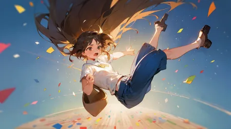 ((highest quality)), ((masterpiece)), ((very detailed)),floating girl,angry expression，confetti，brown hair,tears,blue sky backgr...