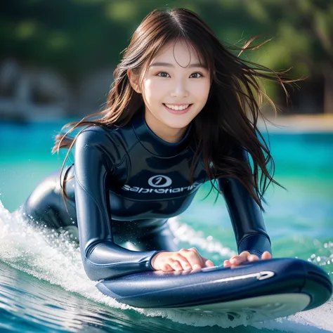 photo-realistic quality、a surfer in a wetsuit riding a wave on a surfboard,  lovely lady, cute girl in a wetsuit, beautiful japa...