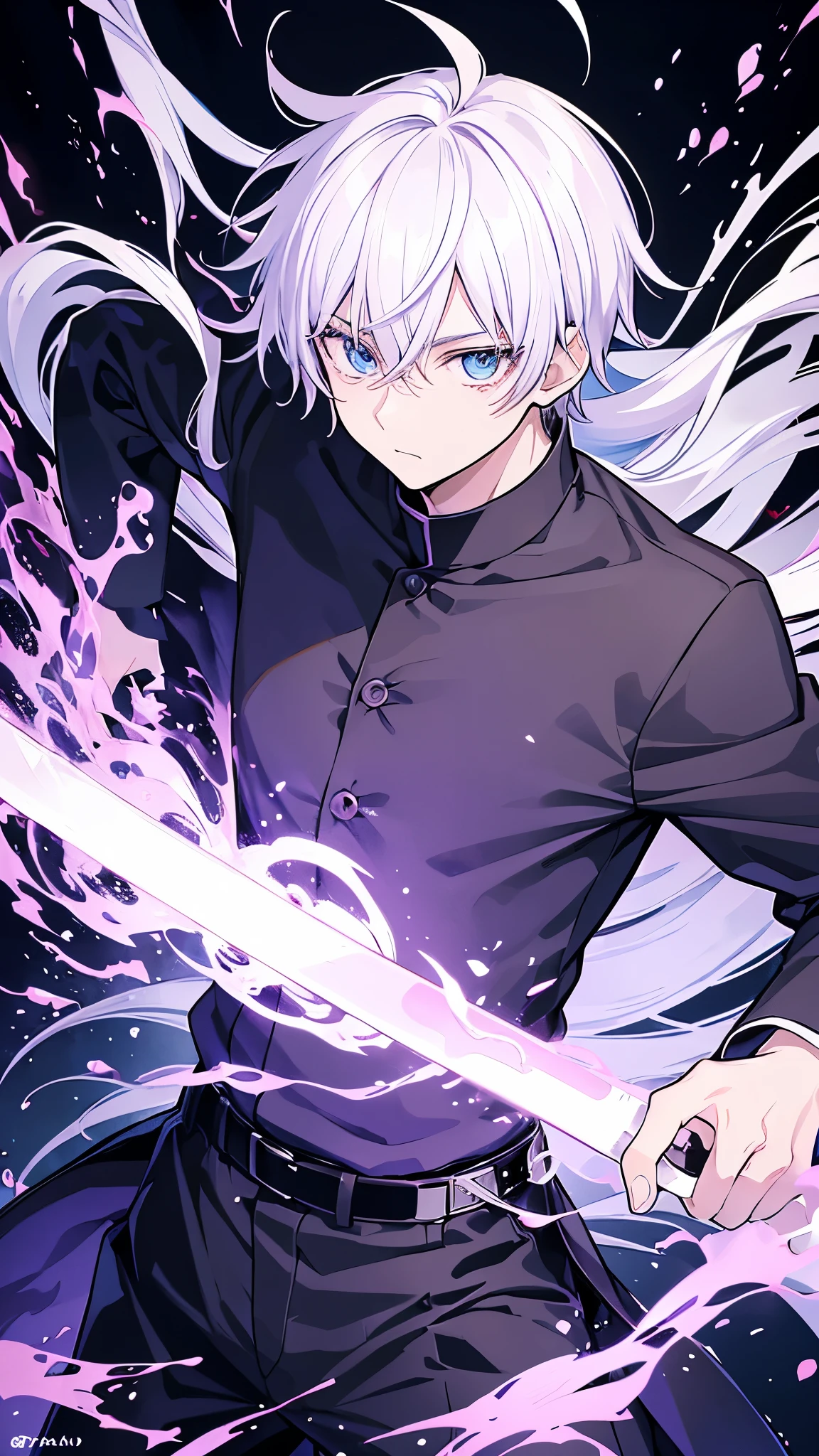 create a black Jujutsu no kaisen manga style image with a young male character extremely similar to Gaku from the Sakamoto Days manga, ele tem cabelo curto fe cor ciano claro e um capuz azul escuro quase preto, e olhos pretos, He wears red earrings and he is holding a heavy sword, he is extremely handsome and stylish, a imagem detalha bem ele, he is anime style.