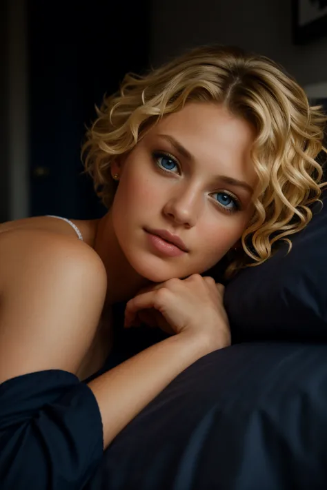 a photo portrait of a beautiful full whitegirl with curls and dark blue eyes ,high definition, more sharp , ( short hair blonde ...