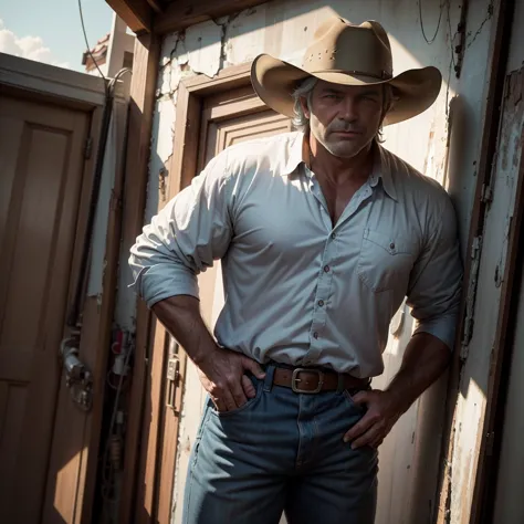 man, 40 years old, gray hair, very strong, blue eyes, looking att the camera, wearing a COUNTRY outfit with cowboy hat. The man ...