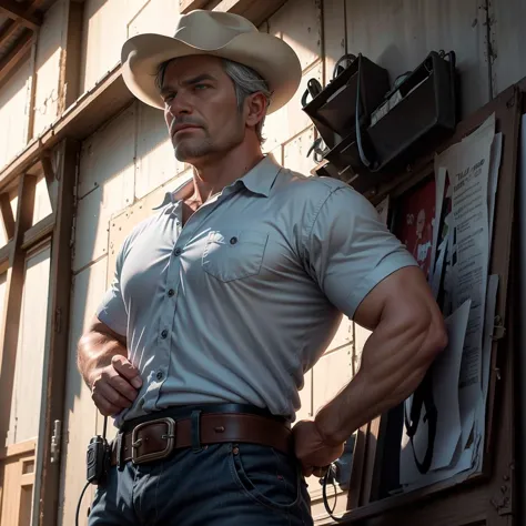 man, 40 years old, gray hair, very strong, blue eyes, looking att the camera, wearing a country outfit with cowboy hat. the man ...