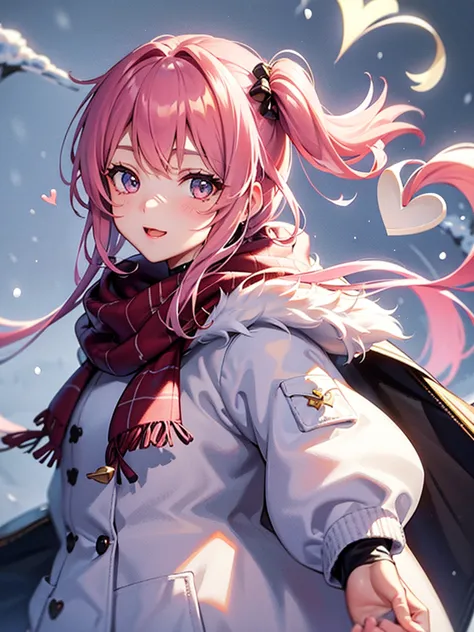 girl,((♡)),((Flying Heart)),((Snow scene background:1.3)),(Fancy World),((Colorful and casual winter clothes)),(Face close-up),