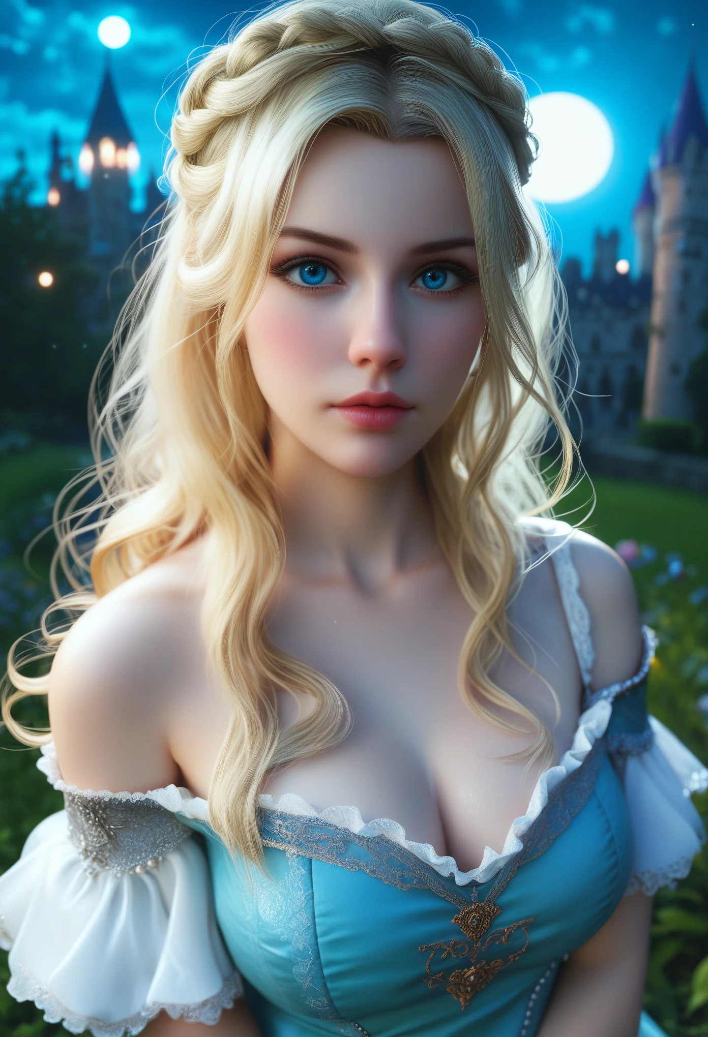 score_9, score_8_above, score_7_above, 1girl, realistic, blonde long hair with bangs, blue_eyes, realistic skin texture, detailed picture, upper_body, HD32k, royal_garden, medieval_castle, elegant_green_dress, off_shoulder_dress, moonlight, night, fullmoon, pensive