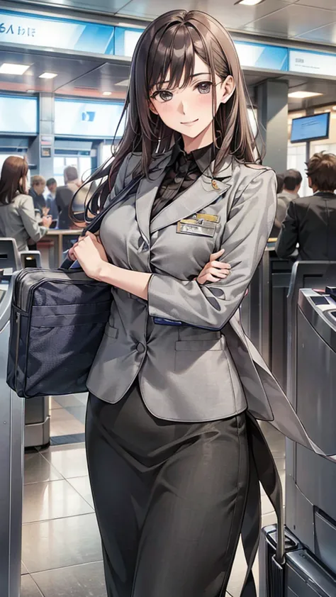 A female airport staff member standing at an information desk in a modern airport terminal. She is dressed in a professional uni...