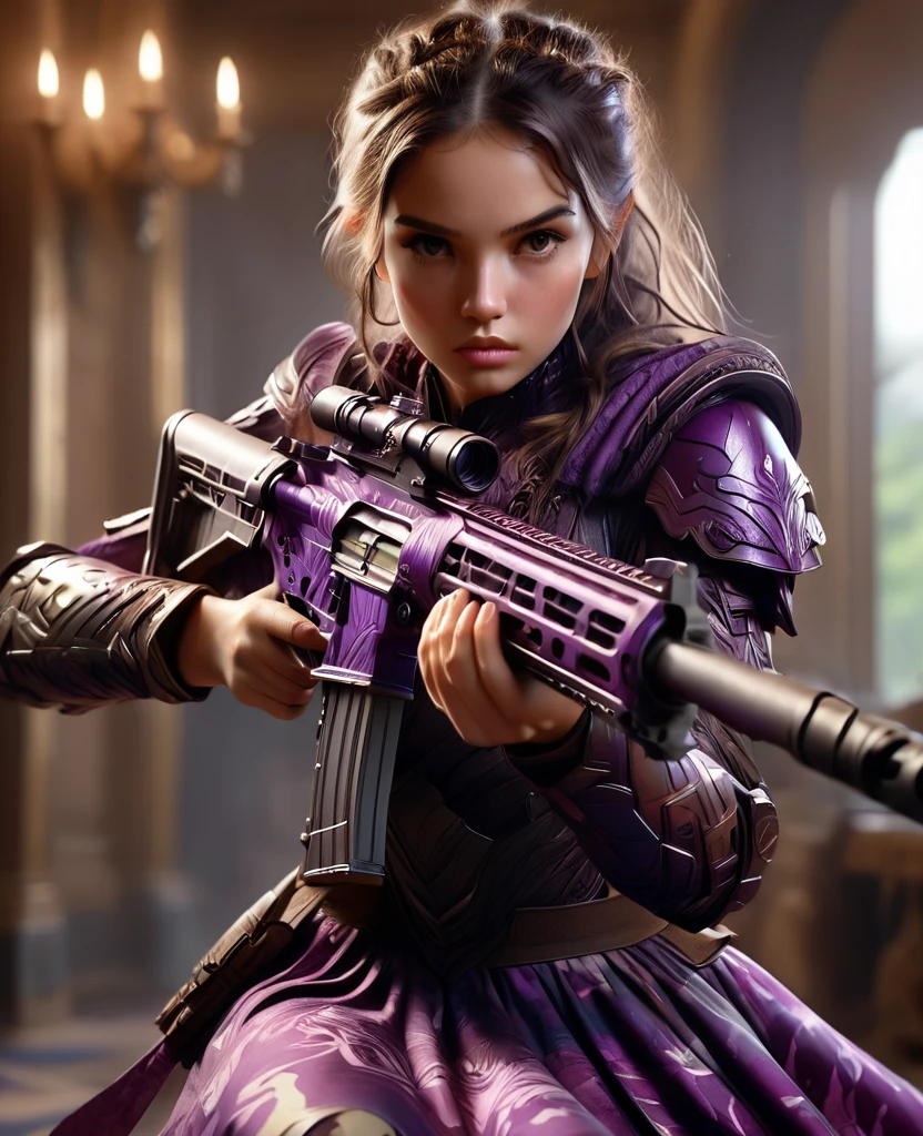 Une jeune guerrière d'une beauté époustouflante vêtue d'une robe de soirée longue en satin camouflage violet foncé, Rapport idéal, s&#39;accroupir, Porter un fusil d'assaut, Un regard tendu, Visage et yeux détaillés, peau parfaite, Cheveux flottants, Posture gracieuse, éclairage réaliste et cinématographique, fantaisie dramatique, très détaillé, 8k, chef-d&#39;œuvre