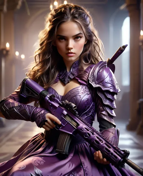 A young and stunningly beautiful female warrior wearing a deep purple camouflage satin floor-length evening dress, Ideal ratio, ...