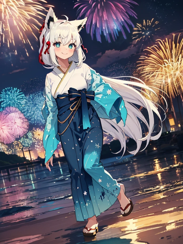 (masterpiece, Highest quality, Super detailed),One girl,((super fine illustration)),((cute eyes,highly detailed skin)),((smile)),((well endowed,Blessed,Captivating body、Detailed Background))、(yukata:1.5),firework,(大量のfirework,Night view,Ocean)、Festivals, full body、Animal ears、white long hair,
