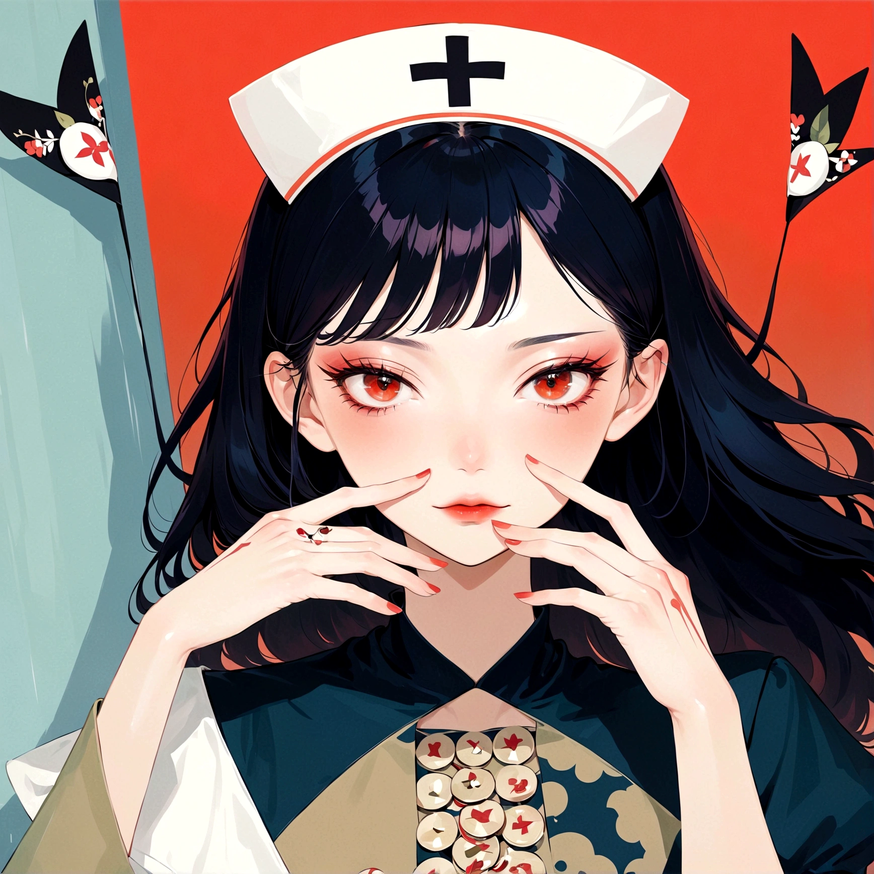 girl，Nurse hat，Eyes painted on hands，Japanese horror style Japanese pop surrealism, author：Yukika Kosaka, Nguyen Gia and Joao Nguyen, 
