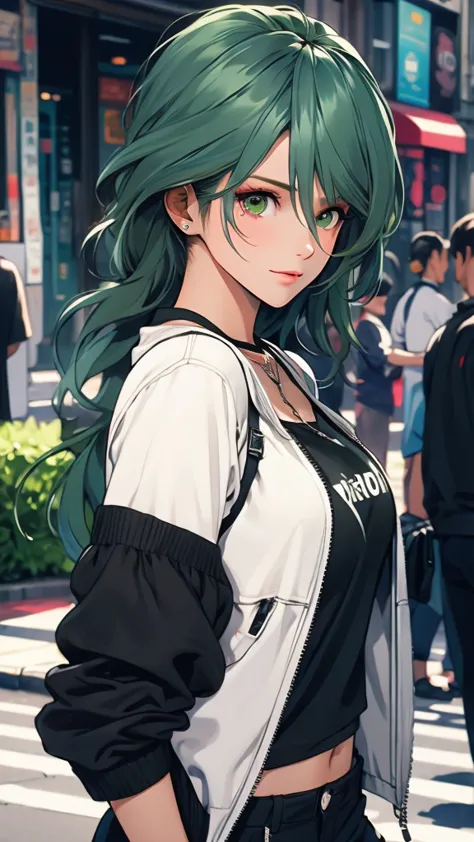 1 Female, thirties, Tamaki, green hair, hair between eyes, Street fashion, 