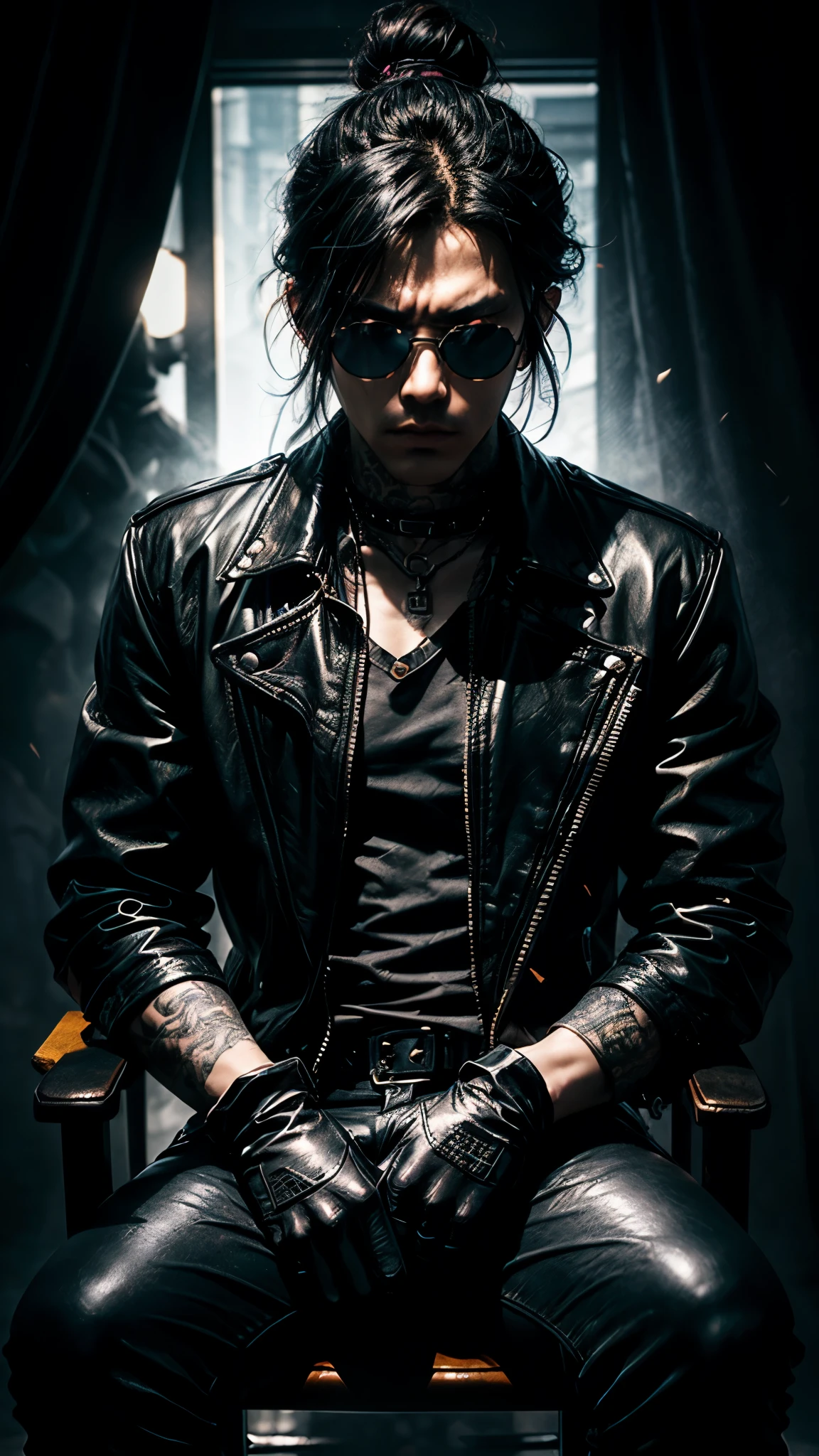 a stylish korean man with long hair tied in bun, wearing black round sunglasses, black leather gloves, dark clothing, sitting on a chair in a dark environment, dynamic point of view, best quality, ultra-detailed, photorealistic, vivid colors, dramatic lighting, chiaroscuro, dark and moody atmosphere, masculine, charismatic, punk style