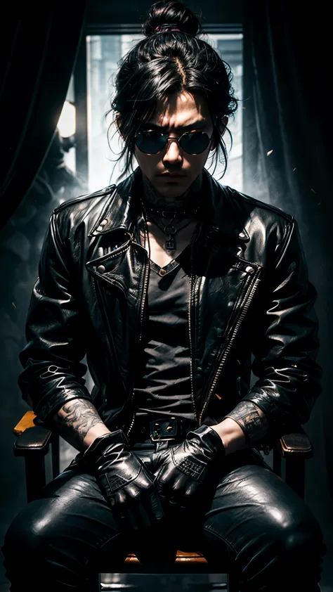 a stylish korean man with long hair tied in bun, wearing black round sunglasses, black leather gloves, dark clothing, sitting on...