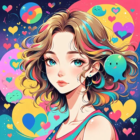 Micho style, Simple Line Initialism，Abstract art, colorful hearts ,colorful hearts, (((The most beautiful girl of all time))), S...