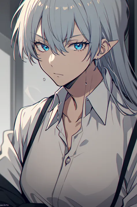 1 handsome elven man with intense blue eyes, bright silver hair, wearing a white collared shirt and slacks, moody atmosphere, in...