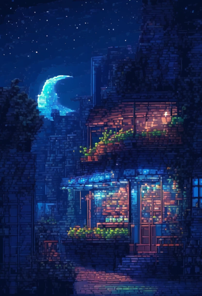 keine Menschen, draussen, null, Nacht, Mond, Anlage, Café, Stern (null), Nacht null, Landschaft, Stadt, Zeichen, potted Anlage, Weitwinkelaufnahme, crescent Mond, Neonlicht, pixel art, pixel