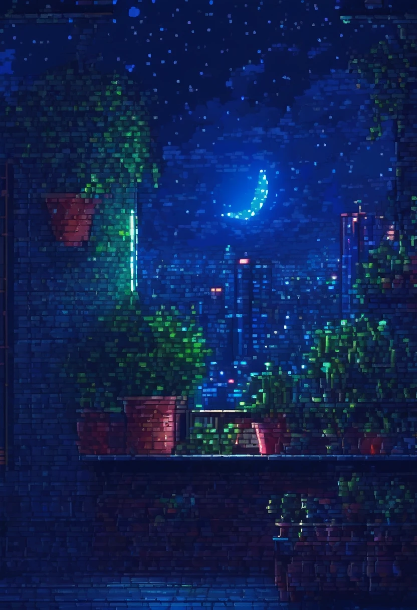 No humans, Outdoor, null, night, moon, plant, coffee shop, star (null), night null, scenery, city, sign, potted plant, Wide Shot, crescent moon, Neon Light, pixel art, pixel