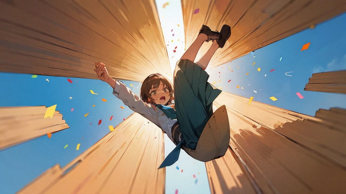 ((Highest quality)), ((masterpiece)), ((Very detailed)),Floating Girl,Angry expression，Confetti，Brown Hair,tears,Blue sky background,Feet in the air,tears,Long skirt,loafers,Raise both hands,falling girl,hold hands