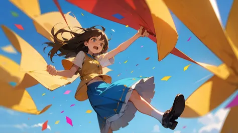 ((highest quality)), ((masterpiece)), ((very detailed)),floating girl,angry expression，confetti，brown hair,tears,blue sky backgr...