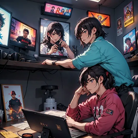 Junkotvv and neocruz playing video games together in a room full of 80s style anime and posters in neon tones with video game co...