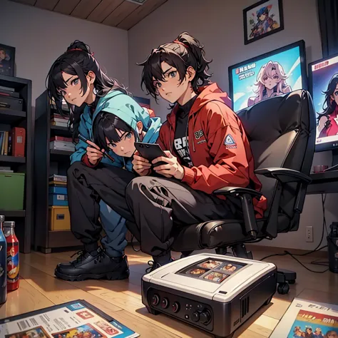 junkotvv and neocruz playing video games together in a room full of 80s style anime and posters in neon tones with video game co...