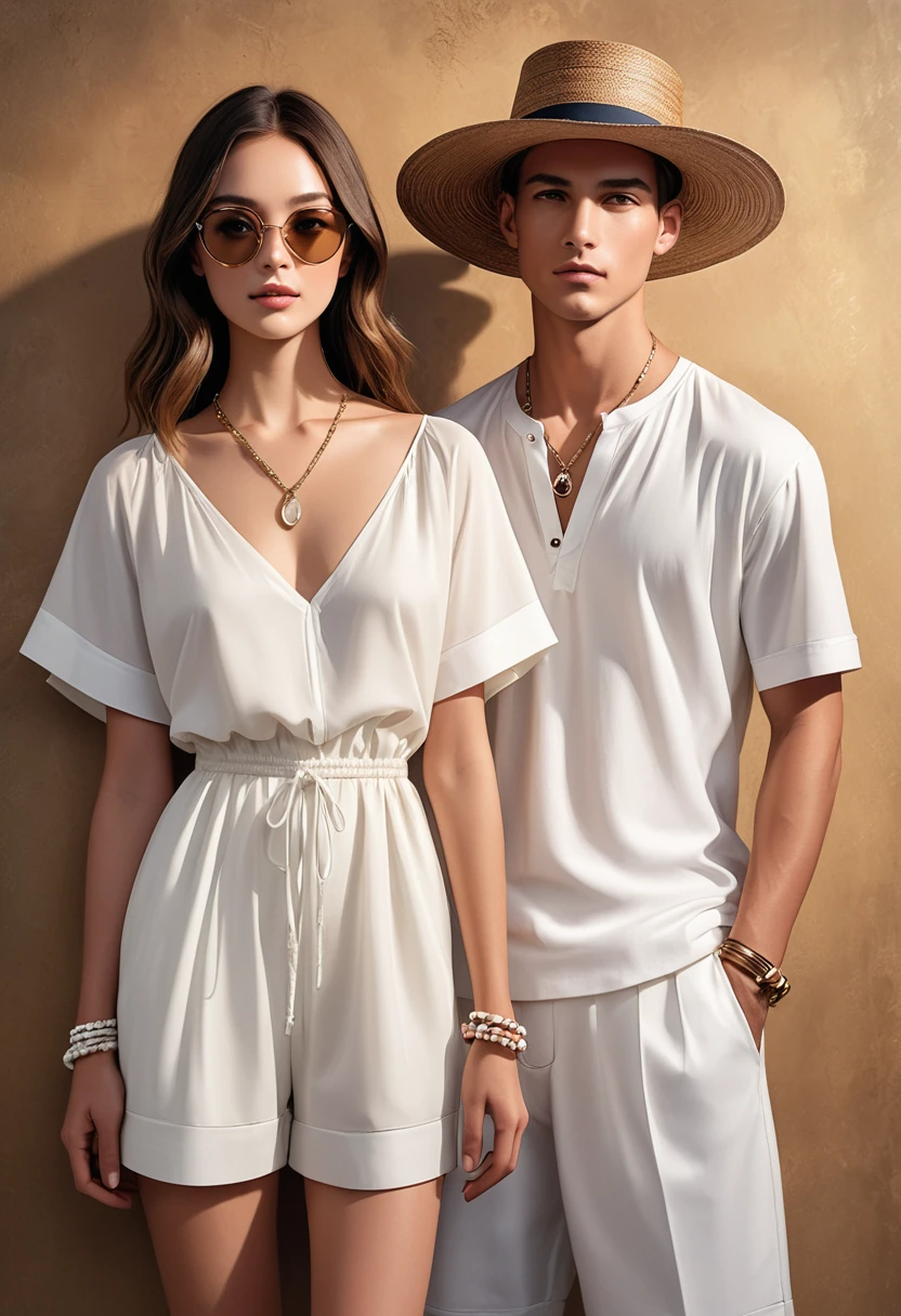 candid fashion illustration of young man and woman, both aged 20 year old, ((showcase fashion in a White cotton-rayon outfits)), inspired by Christian Dior's resort collection in elegant bohemian style. The man wears an oversized short-sleeved white shirt, paired with relaxed-fit white Drawstring short Pants, He completes his look with white leather-strap flip-flops, wooden-framed sunglasses, and a woven bracelet. The woman complements him in a white rayon dress with Drawstring and ruffle ruffle skirt details,  Her ensemble includes an accessorizes with a wide-brimmed straw hat, beaded-strap sandals and necklace. Captured in a ((full-body pose)), ((paper material background)), realistic charcoal lines, imperfect drawing, charcoal lines, fading sketch, quick Sketch, (Eddie Mauro-mix), HD high resolution，style of surrealism，Best texture，（Skin texture portrayal：1.2），Fair and translucent skin，（Extremely detailed depiction of facial features：1.4），Refined makeup，Eye detail portrayal，The pupils are bright，（Hair details depicted:1.4），Lips are shiny and delicate，（The ultimate in face portrayal:1.4），Light-sensitive，Chasing the light，Hyper Real，Nikon D850，SLR shooting texture，HDR，