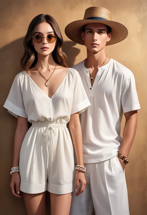 candid fashion illustration of young man and woman, both aged 20 year old, ((showcase fashion in a White cotton-rayon outfits)),...