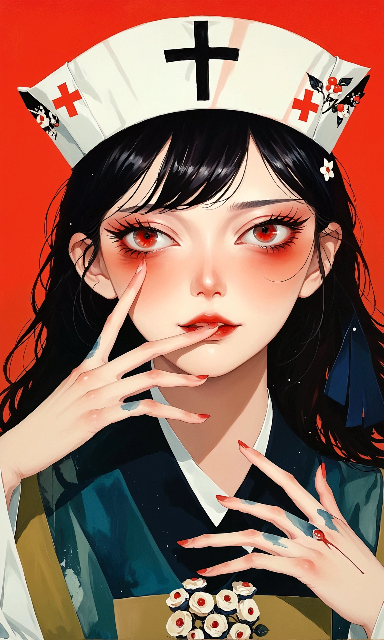 girl，Nurse hat，Eyes painted on hands，Japanese horror style Japanese pop surrealism, author：Yukika Kosaka, Nguyen Gia and Joao Nguyen, 
