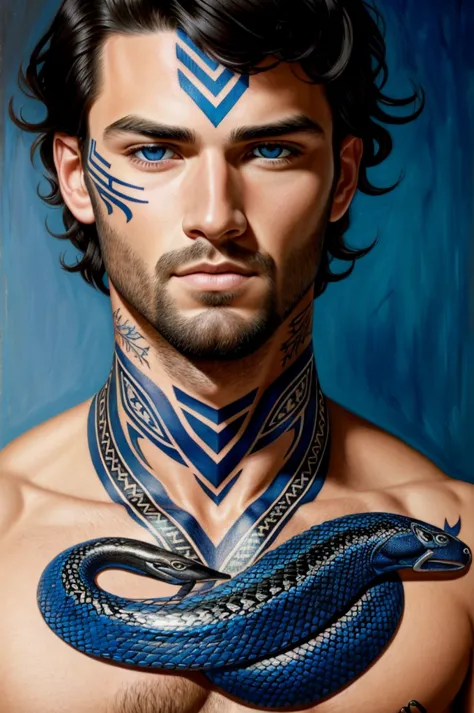 ultra realistic portrait painting of a perfect handsome man blue eyes black hair, neck tribal snake tattoo, painted by Tristan E...