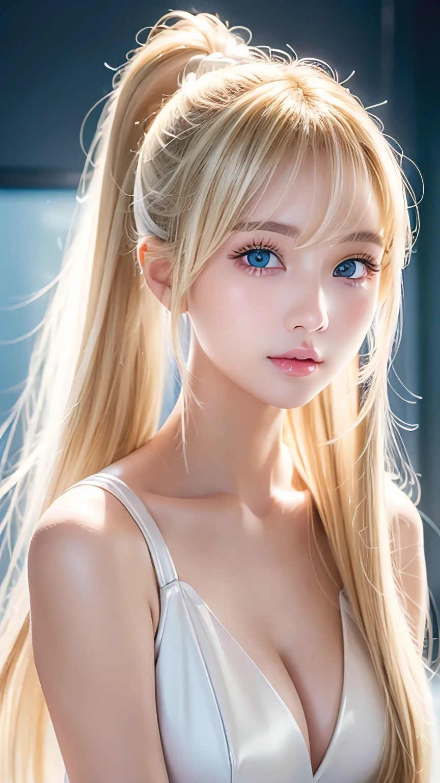 Portrait、、Bright expression、ponytail、Young, lustrous, glowing, white skin、Cheek highlight、The best beauty、Clear, silky blonde hair with dazzling highlights、Shiny bright hair,、Super long silky straight hair、Shiny beautiful bangs、Big bright blue eyes like sparkling jewels、Very beautiful lovely cute 16 year old girl、Ample Bust