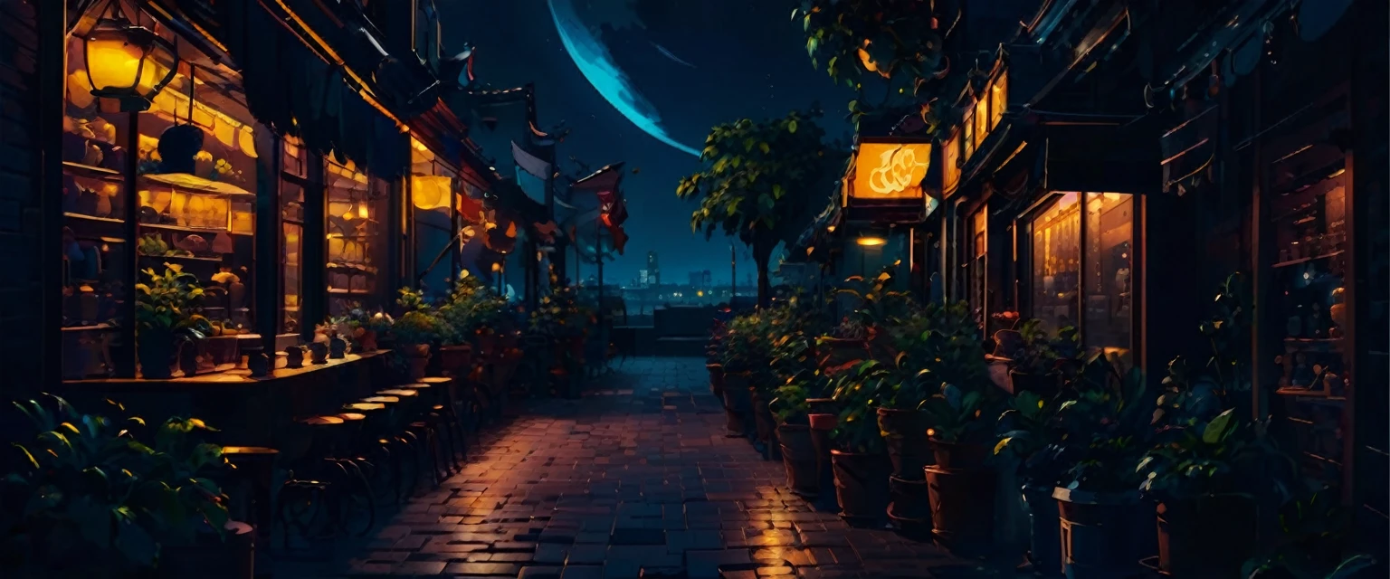 keine Menschen, draussen, null, Nacht, Mond, Anlage, Café, Stern (null), Nacht null, Landschaft, Stadt, Zeichen, potted Anlage, Weitwinkelaufnahme, crescent Mond, Neonlicht, pixel art, pixel