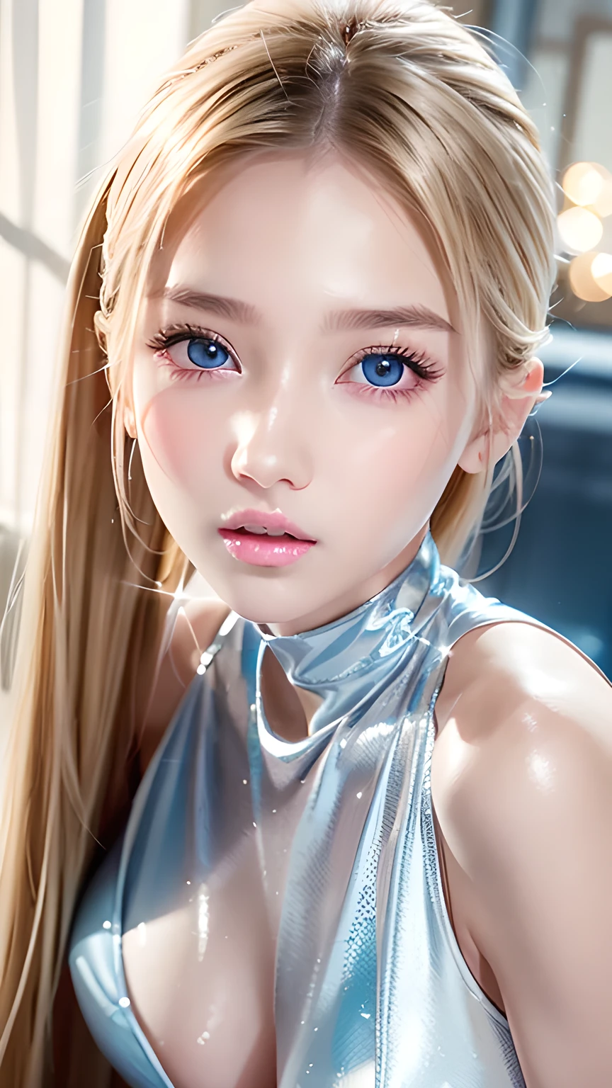 Portrait、、Bright expression、ponytail、Young, lustrous, glowing, white skin、Cheek highlight、The best beauty、Clear, silky blonde hair with dazzling highlights、Shiny bright hair,、Super long silky straight hair、Shiny beautiful bangs、Big bright blue eyes like sparkling jewels、Very beautiful lovely cute 16 year old girl、Ample Bust