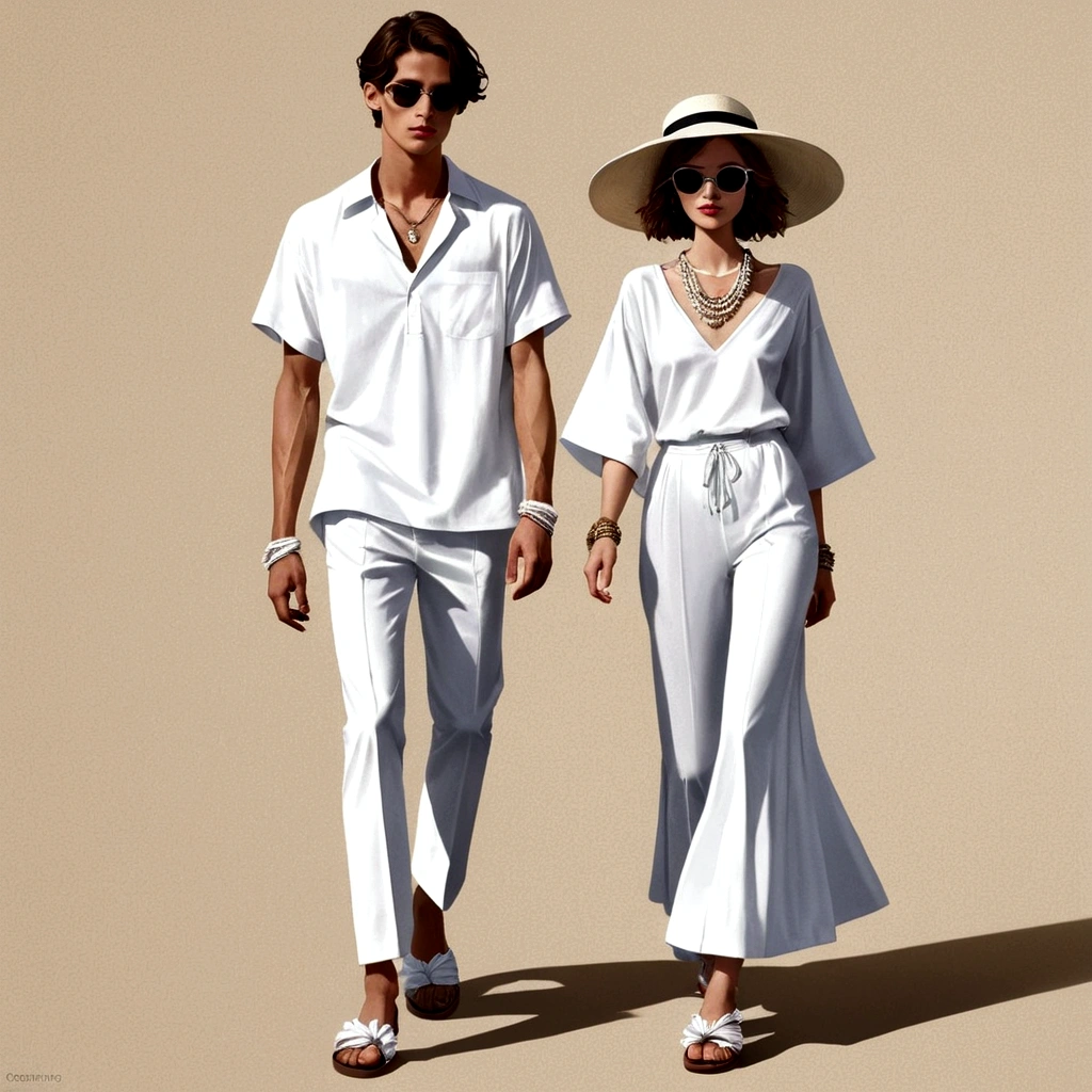 candid fashion illustration of young man and woman, both aged 20 year old, ((showcase fashion in a White cotton-rayon outfits)), inspired by Christian Dior's resort collection in elegant bohemian style. The man wears an oversized short-sleeved white shirt, paired with relaxed-fit white Drawstring short Pants, He completes his look with white leather-strap flip-flops, wooden-framed sunglasses, and a woven bracelet. The woman complements him in a white rayon dress with Drawstring and ruffle ruffle skirt details, Her ensemble includes an accessorizes with a wide-brimmed straw hat, beaded-strap sandals and necklace. Captured in a ((full-body pose)), ((paper material background)), realistic charcoal lines, imperfect drawing, charcoal lines, fading sketch, quick Sketch, (Eddie Mauro-mix), HD high resolution, style of surrealism, Best texture,（Skin texture portrayal：1.2），Fair and translucent skin，（Extremely detailed depiction of facial features：1.4），Refined makeup，Eye detail portrayal，The pupils are bright，（Hair details depicted:1.4），Lips are shiny and delicate，（The ultimate in face portrayal:1.4），Light-sensitive，Chasing the light，Hyper Real，