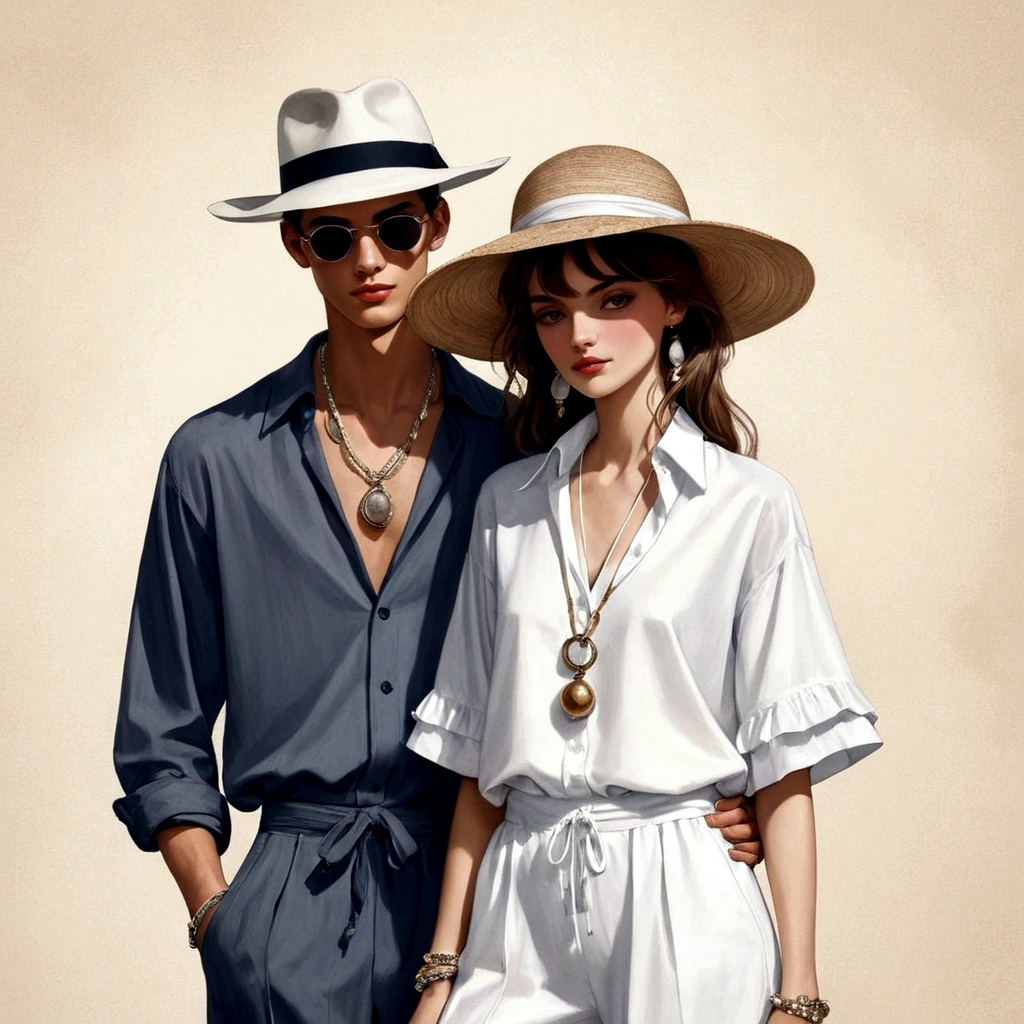 ilustración de moda sincera de un hombre y una mujer jóvenes, ambos de 20 años, ((luce la moda con outfits blancos de algodón y rayón)), inspirada en la colección resort de Christian Dior en un elegante estilo bohemio. El hombre viste una camisa blanca de manga corta de gran tamaño., combinado con pantalones cortos blancos con cordón y ajuste relajado, Completa su look con unas chanclas con tiras de piel blancas., gafas de sol con montura de madera, y una pulsera tejida. La mujer lo complementa con un vestido blanco de rayón con cordón y detalles de falda con volantes., Su conjunto incluye accesorios con un sombrero de paja de ala ancha., sandalias con tiras de cuentas y collar. capturado en un ((pose de cuerpo completo)), ((fondo de material de papel)), realistic lineas de carboncillo, dibujo imperfecto, lineas de carboncillo, boceto desvanecido, bosquejo rápido, (Eddie Mauro-mix), HD de alta resolución, estilo de surrealismo, Mejor textura,（Representación de la textura de la piel：1.2），Piel clara y translúcida，（Representación extremadamente detallada de los rasgos faciales.：1.4），Maquillaje refinado，Representación detallada de los ojos，Los alumnos son brillantes.，（Detalles del cabello representados:1.4），Los labios son brillantes y delicados.，（Lo último en retratos faciales:1.4），Sensible a la luz，persiguiendo la luz，Hiper Real，