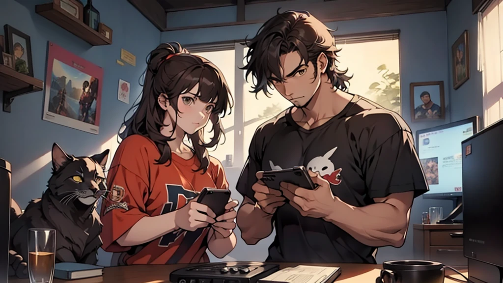 (Junkotvv 貓耳女孩) 和 (neocruz 一個有鬍子但沒有貓耳朵的男孩), playing video games together in a room full of 80s style anime 和 posters in neon tones with video game controllers in their h和s 和 enjoying