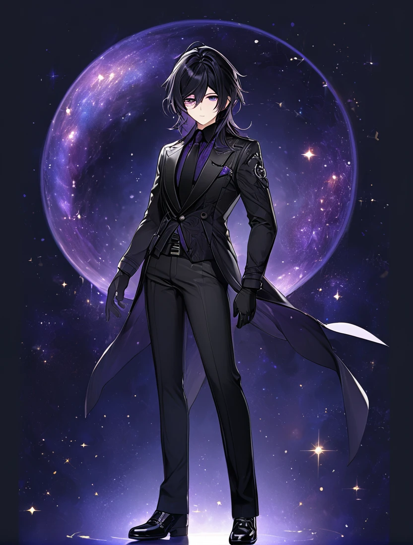 (black_hair), (long_male_hair), (deep_purple_eyes), (detailed_eyes), (attractive), (emotionless), (Deep_space_background), (male), (wearing _a_black_suit),(wears_black_pants), (black_leather_shoes), (black_tight_gloves), (long_male_hair), (detailed_Hair), (detailed), (detailed_mouth), (mysterious), (complicated), (full_body_image)