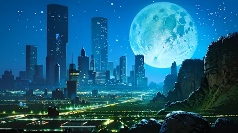 lunar surface,city,skyscraper,a distant view,i can see the universe,night,illumination,you can see the earth,black background,(h...