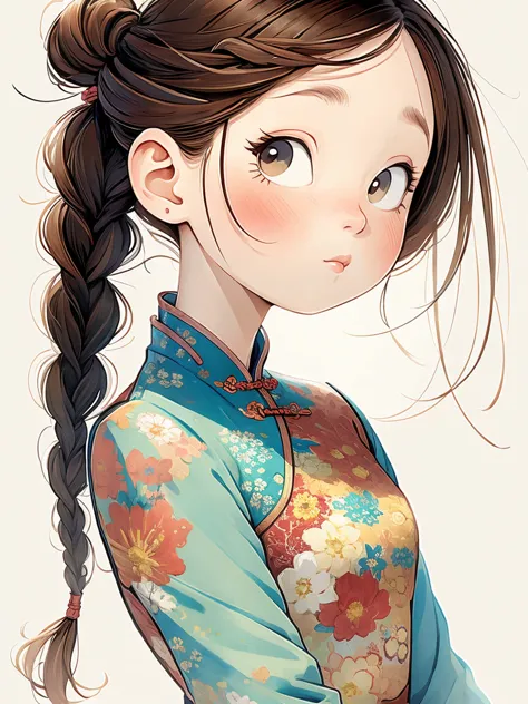 (masterpiece, best quality:1.2), watercolor，cartoonish character design。1 girl, Solitary，big eyes，Cute expression，Two braids，che...