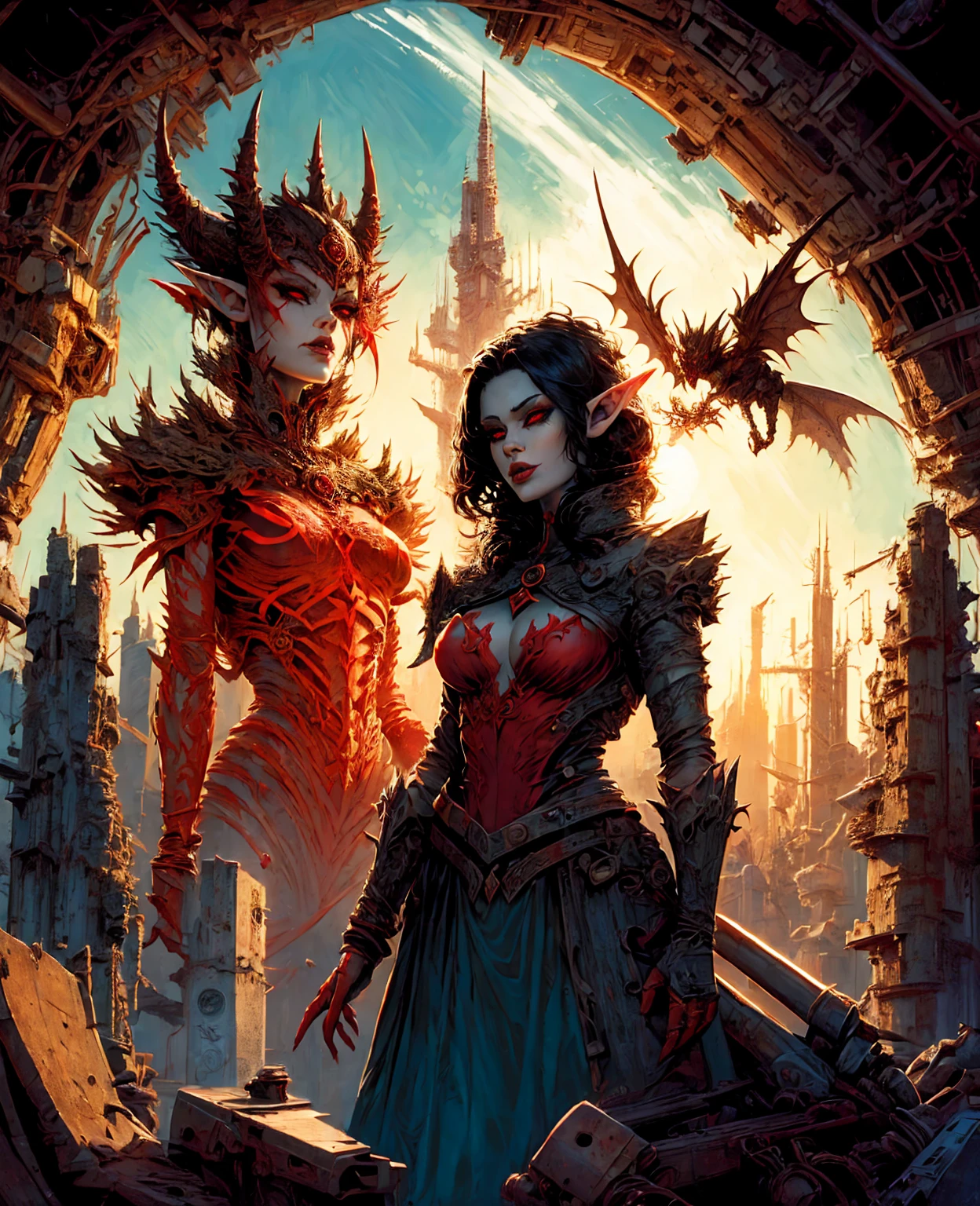 une femme diabolique aux cheveux noirs, peau pâle, et les yeux rouges, porter un costume d&#39;elfe, dans un cadre sombre et mystérieux,