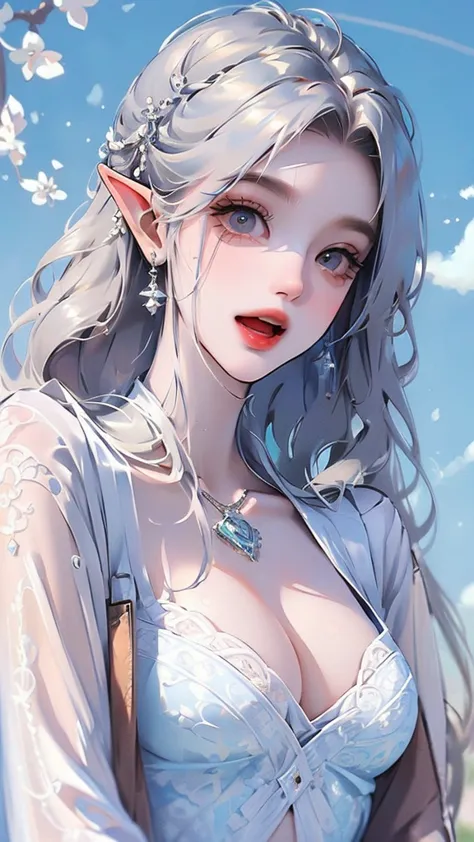 ((highest quality)), ((masterpiece)), (detailed), one girl, the background is nature、the weather was sunny.、silver hair straight...