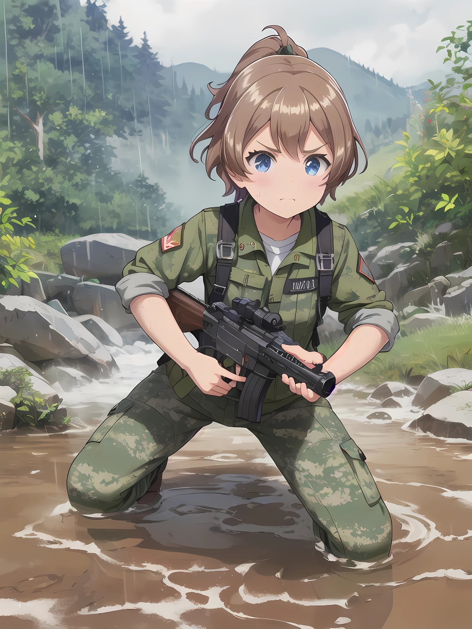 high quality,masterpiece,12 years old,blue eyes,Outdoor,顔 focus,Brown Hair, short hair, ponytail,Military camouflage uniform,Green helmet,heavy rain,In the mountains,cloudy,Muddy clothes,He has a gun,Crawling on the ground,Point the gun this way,serious,Ruthless eyes,Intense gunfight,((Massive explosion)),A lot of black smoke,