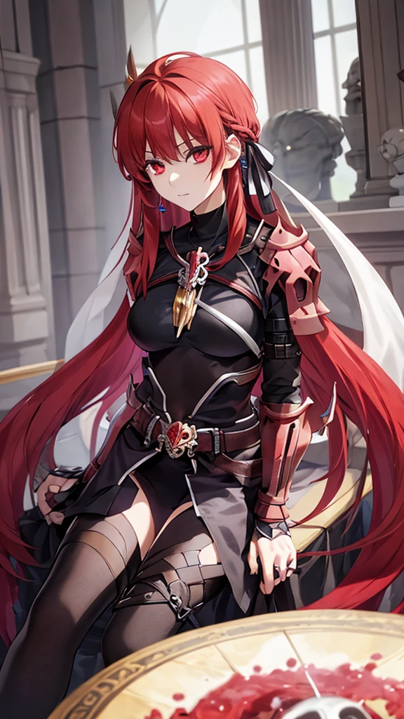 score_9, score_8_up, score_7_up, score_6_up, score_5_up, score_4_up, source_アニメ, tomboy girl, long hair, Bust Cup B , open-chest outfit, Guillotine Cross Set, breastplate, waist armor, Armor, red hair, metal hair accessories, red eyes, Sparkling eyes, sit, His right hand holds a vial of Potions. , Potions glass bottle, skull shape, clear glass, crystal Potions, clear red, light particles, Magical light