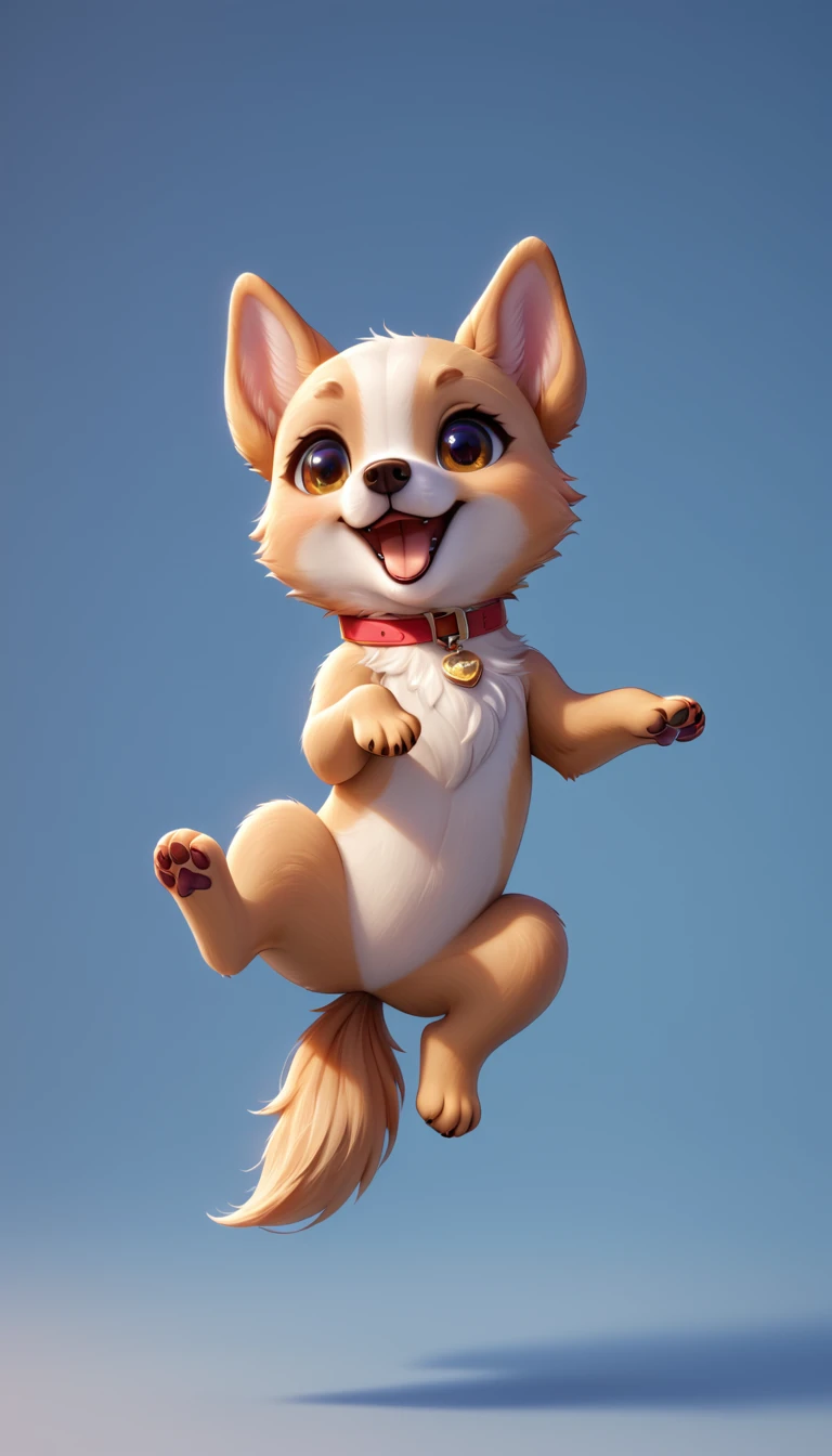 4d photographic image of full body image of a cute little chibi dog realistic, vivid colors octane render trending on artstation, artistic photography, photorealistic concept art, soft natural volumetric cinematic perfect light,Toto, the puppy, jumping and smiling, with a happy and friendly look